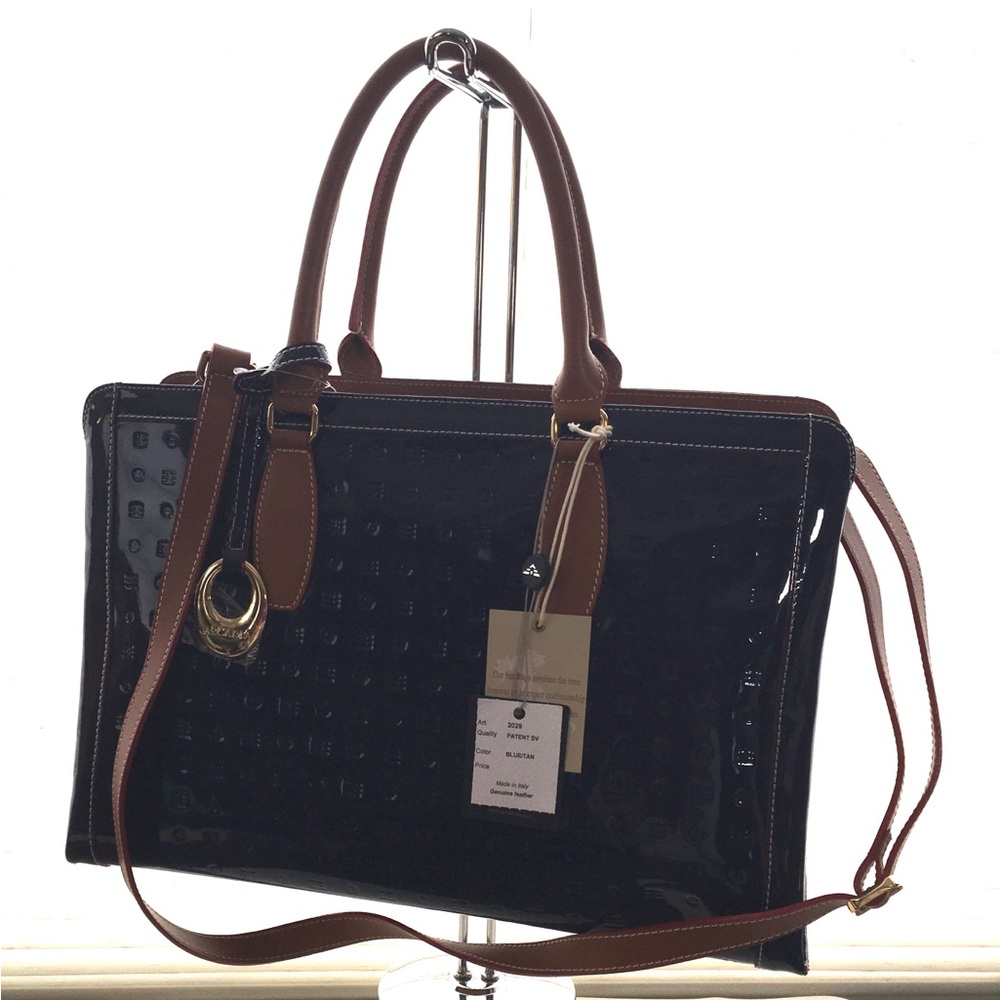 Arcadia Black Patent Tote with Brown Leather Trim and Shoulder Strap